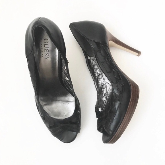 Guess ** black leather stacked wood heels - Picture 1 of 7